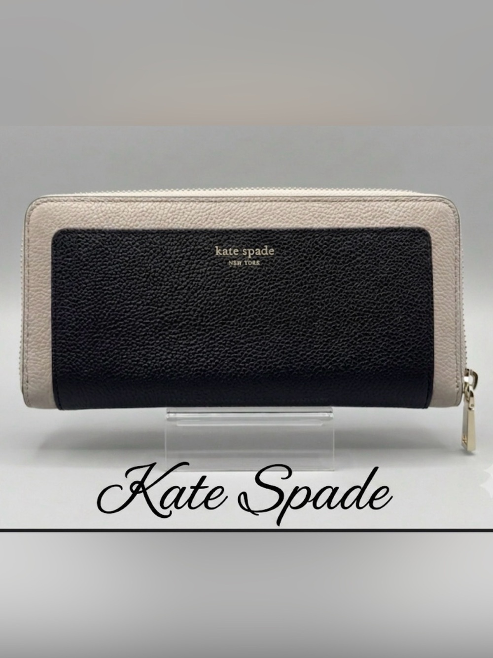 kate spade Black and Cream Pebbled Leather Continental Wallet